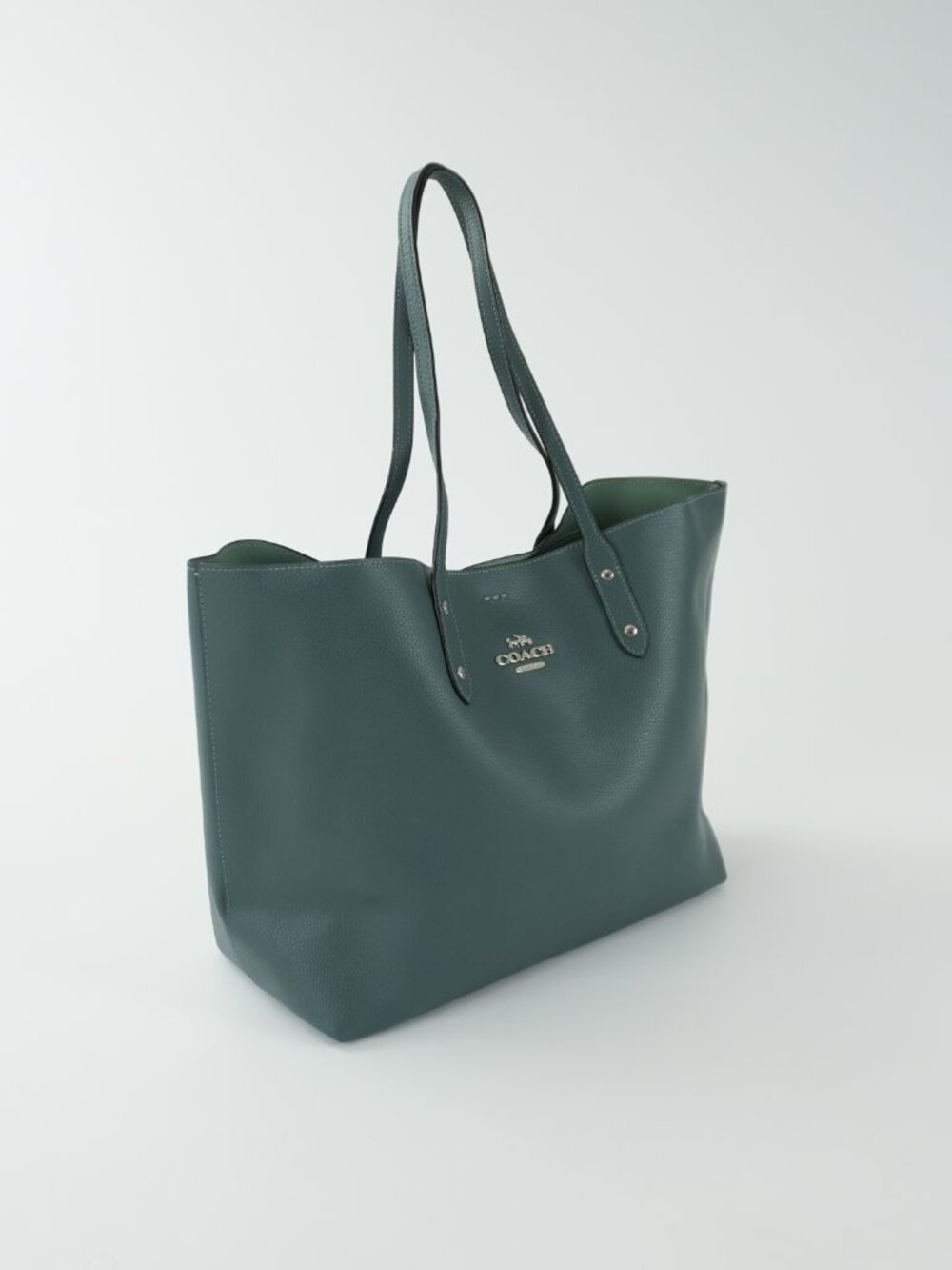 COACH Tote Green Pebbled Leather Handbag Shoulder Bag large - Picture 2 of 15